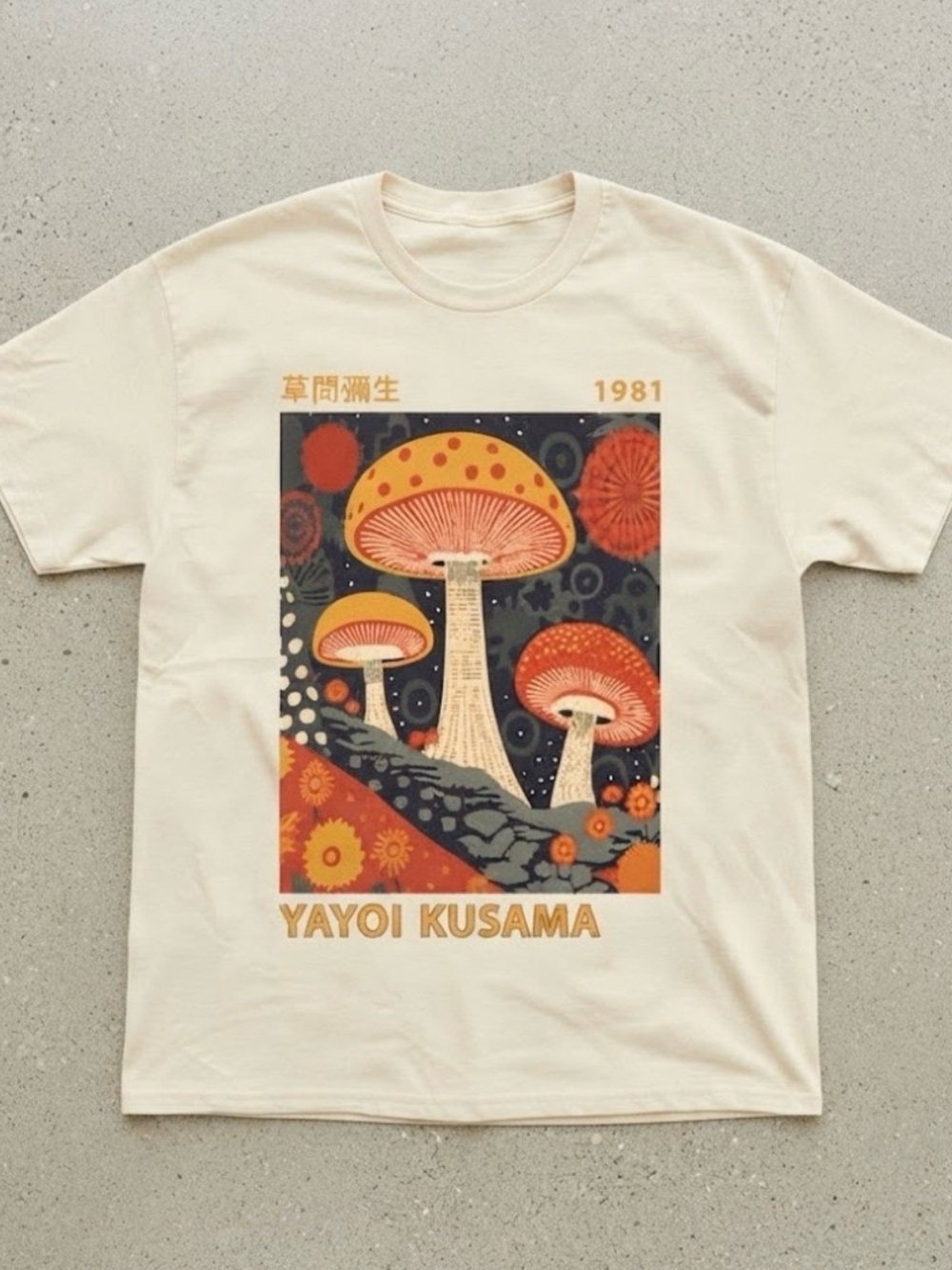 Gildan Cream Tee with Orange & Red Mushroom Art